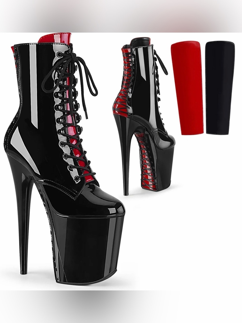 New Pleaser High Platform Lace-Up Ankle Boots - Black & Red size 8